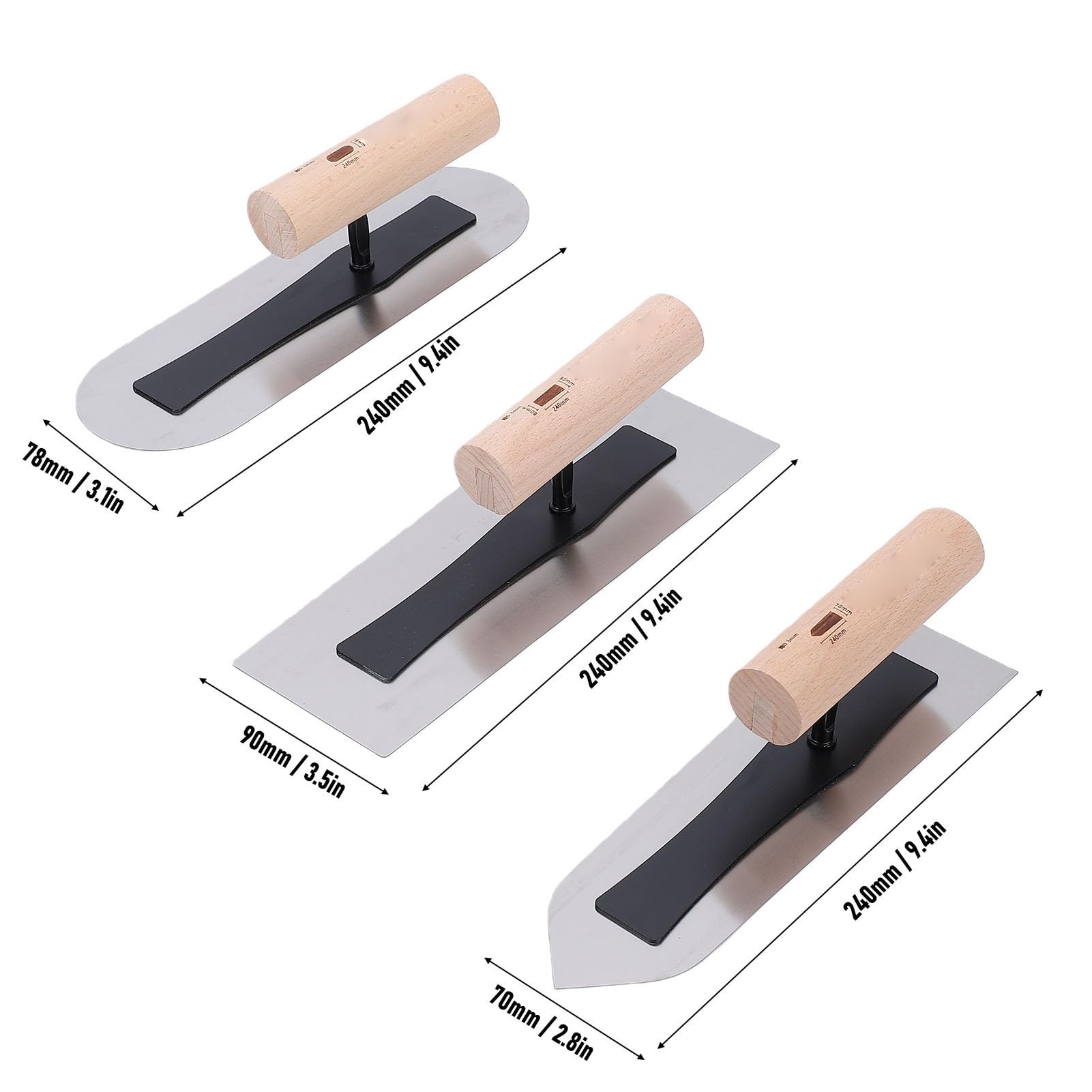 Fockety Set di 3 Spatole per Intonaco, 3 Spatole per Cartongesso con Manico in Legno, Attrezzi per Intonacatura Manuale in Acciaio Inossidabile Lucidato per Riparazioni di Cartongesso e