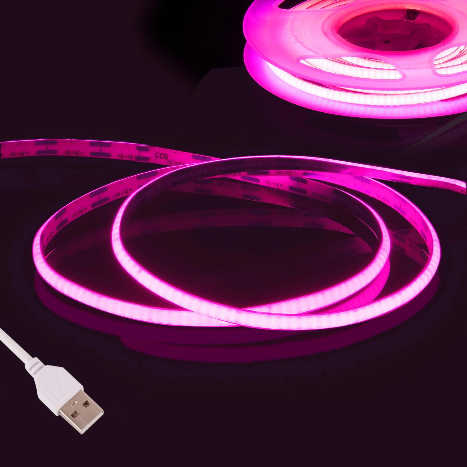 Fosingut Rosa COB LED Streifen 3m, 5V USB LED Strip 2.7mm,CRI 90+ 480 LEDs/m Lichtleiste Lichterkette LED Band Selbstklebend Stripes für Küche,TV LED Hintergrundbeleuchtung,Spiegel,PC,Schlafzimmer