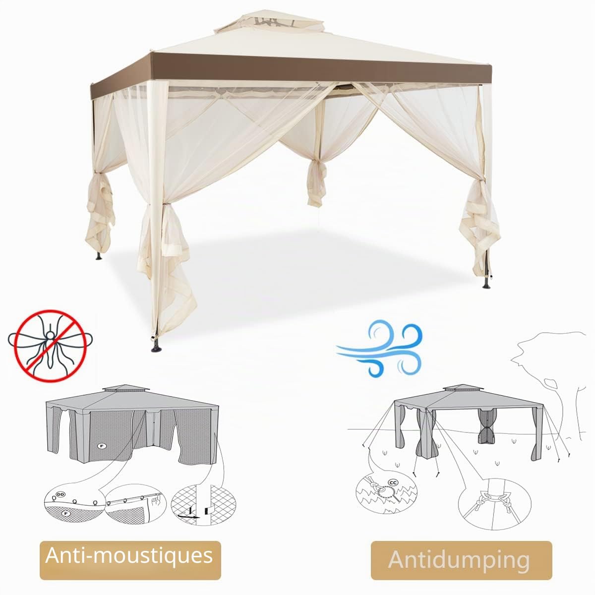 GIANTEX 3 x 3 m Tonnelle de Jardin Imperméable,Barnum Pliant avec Structure en Acier & 4 Rideaux Latéraux, Ventilation & Anti-moustiques, Tente de Reception pour Terrasses, Pelouses, Balcons (Beige)
