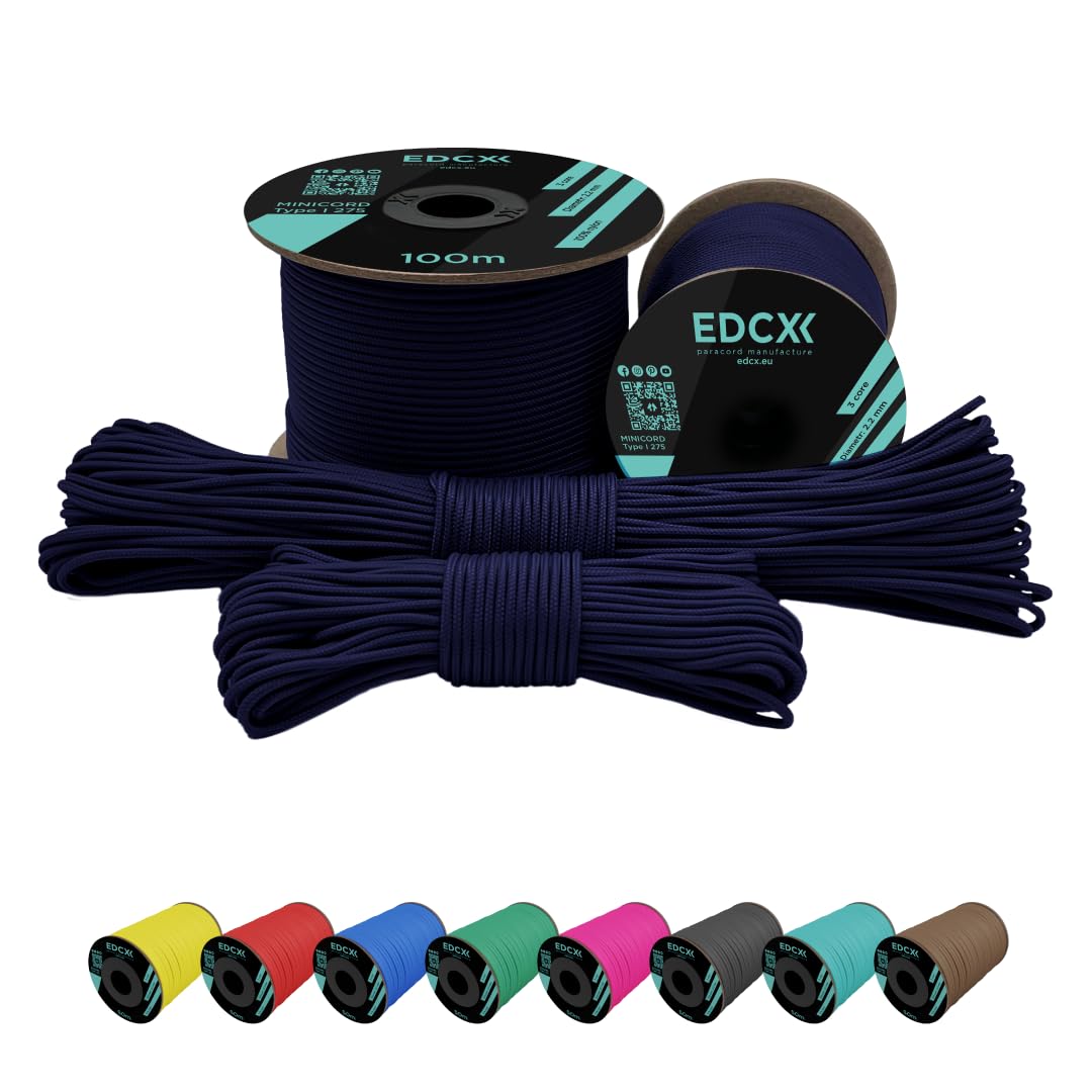EdcX 2 mm Nylon Paracord 275 (15, 30, 50 and 100 m)- 100% Nylon rope, 3-Strand cord, Nylon cord 2 mm in Many Colours (Navy Blue, 30 m)