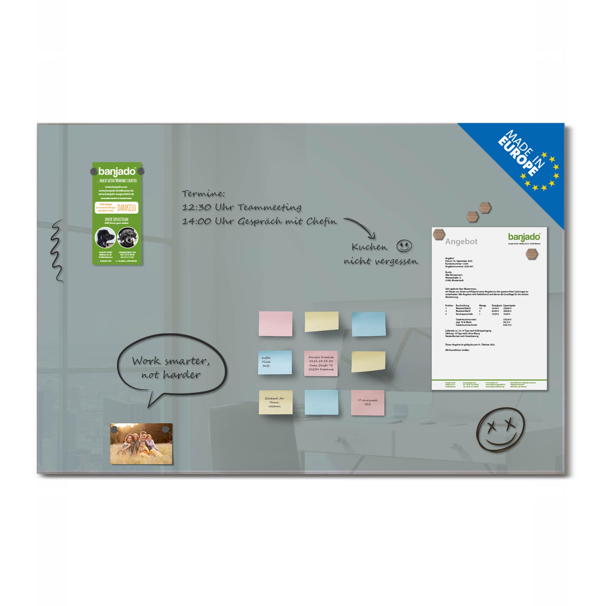 banjado Glas Magnettafel (120 x 80cm) - Magnetwand Glas - Magnetpinnwand als Memoboard - Pinnwand Magnettafel Küche, Büro, Kinderzimmer - Grau