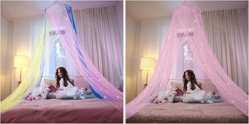 Bollepo Toldo de cama arcoíris y rosa para niñas con unicornios + estrellas brillantes, decoración de habitación de red para cuna de princesa,