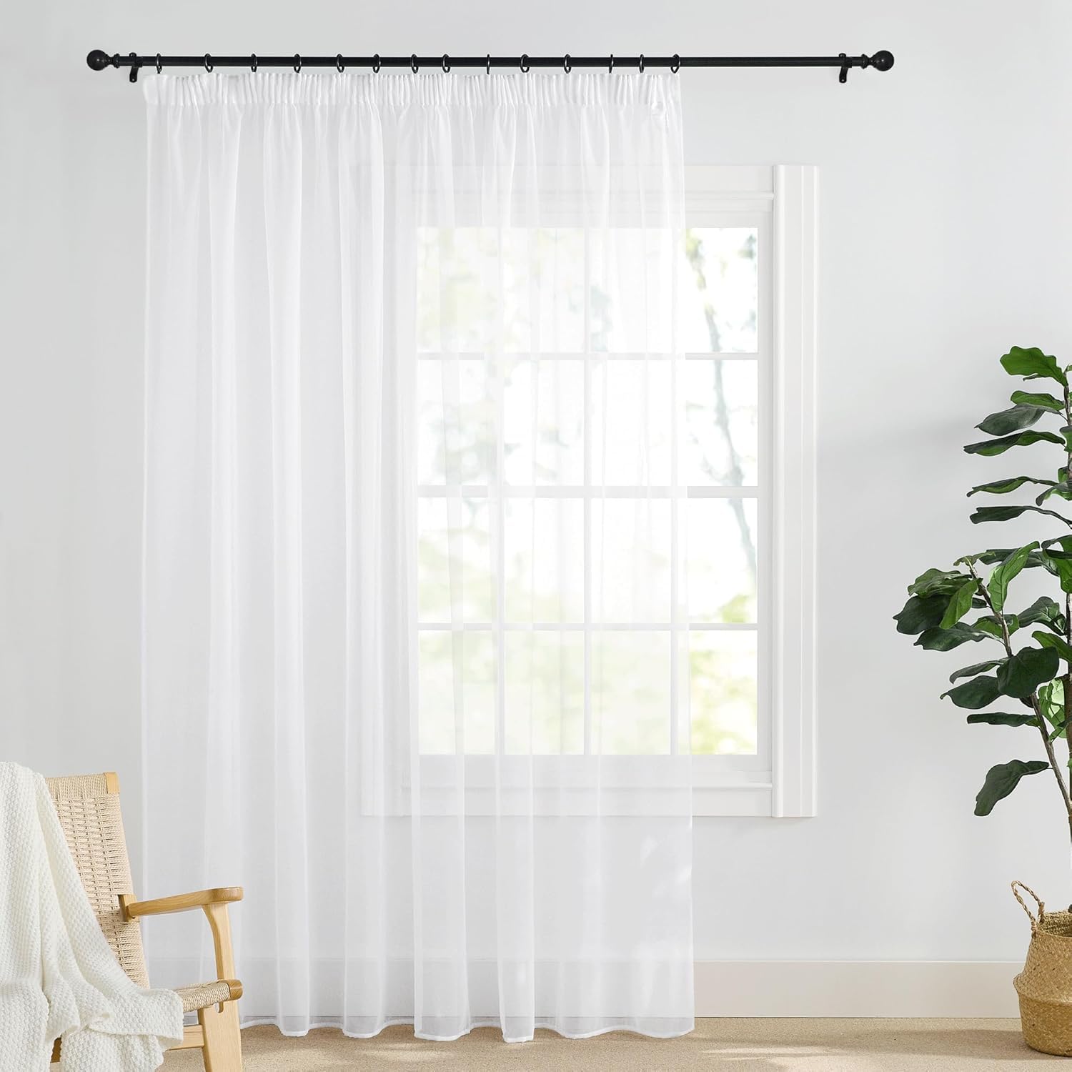 PONY DANCE Room Divider Net Curtain 280x245 cm, Single Panel Pencil Pleat Semi Transparent Voile Sheer Panel