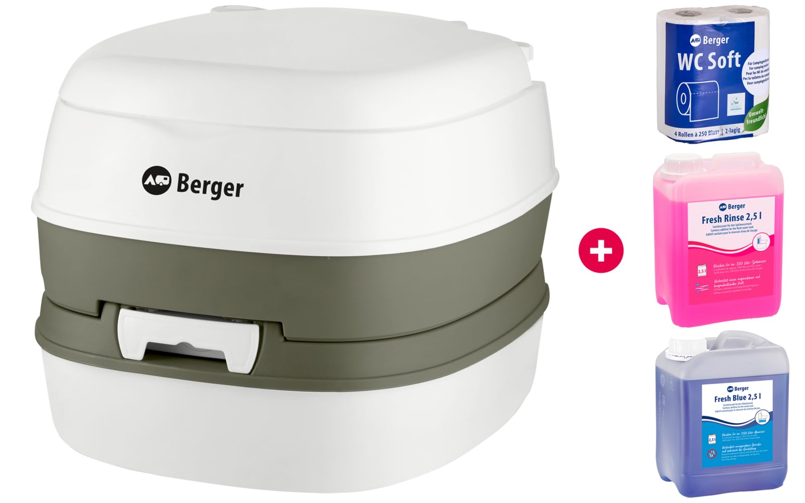 BERGER Mobile Campingtoilette Bio Comfort 14L Starter Set | Platzsparend & Leicht zu Reinigen | Mit Abnehmbarem Abwassertank | Alles, was Sie für den Start benötigen