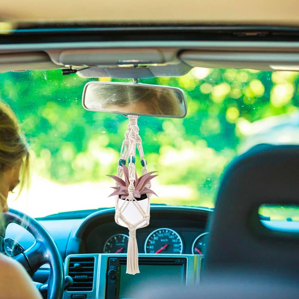 BAOZOON 2 Pack Mini Macrame Plant Hanger Car Rear View Mirror Charm Hanging Accessories Car Office Home Wall Hallway Plant Hangers with Artificial Succulent Plants and Pots image 5