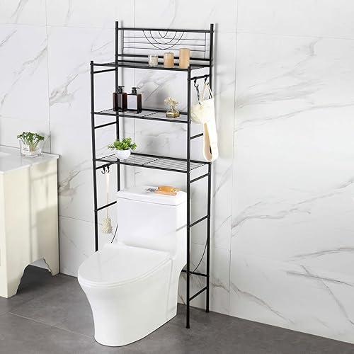 Miniatura 3 de Kimzda Estante de almacenamiento de 3 niveles para baño sobre el inodoro, organizador de estante con marco de metal, con 4 ganchos, color negro