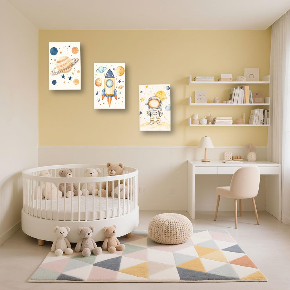 CCWACPP 3 paneles de decoración de pared de astronauta, lienzo de astronauta, impresión de planeta, cohete, obra de arte de astronauta, habitación de niños y niñas, decoración enmarcada (28 x 35 cm)