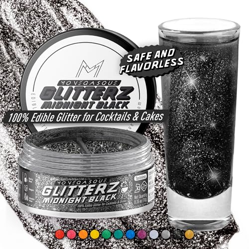 Image of MONEGASQUE Midnight Black Edible Glitter for Drinks & Cakes, 10g | Beverage Shimmer Powder, for Cocktails, Cupcakes & Desserts, Cocktail Garnish, Vegan, Gluten-Free, Sparkle Powder