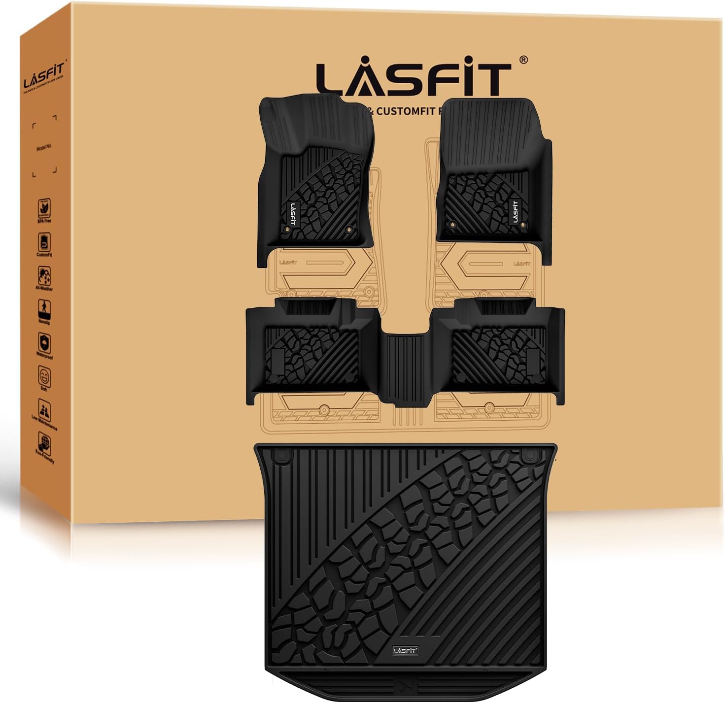 LASFIT Floor Mats & Trunk Mat for Jeep Grand Cherokee 2013 2014 2015 All Weather TPE Custom Fit Car Mats Floor Liners Cargo Liner Cargo Mat Black