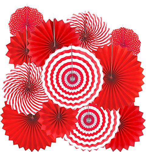 AKIO CRAFT Red Hanging Paper Fans Decorations - 12pc, Party Photobooth Props, Festive Elegance, Paper, Hanging, 12 Count