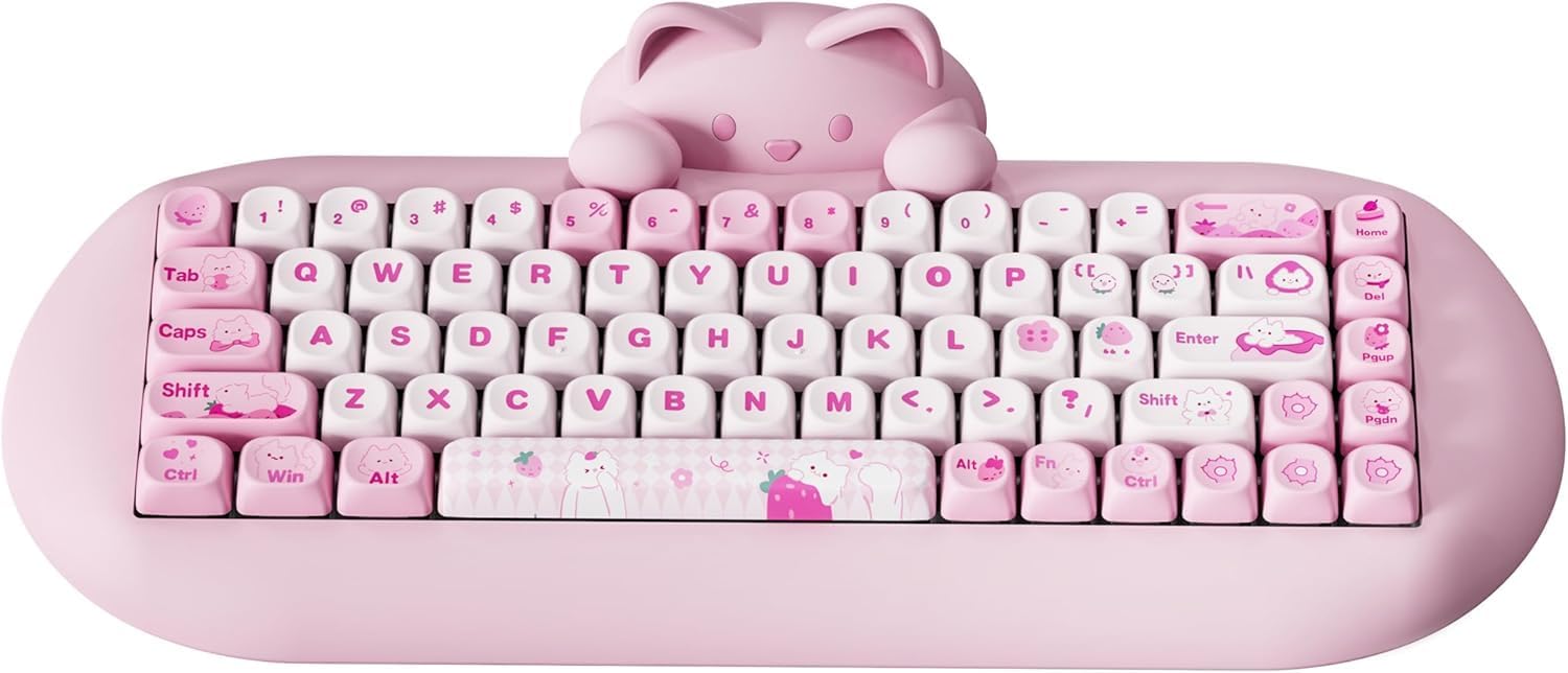 YUNZII C68 Wireless Mechanical Keyboard,65% Gaming Hot Swap,Triple Mode BT5.0/2.4G/Wired, RGB Backlit NKRO,Cute Cat Silicone Ergonomic Keyboard for Win/Mac(Milk Switch, Pink Cat)
