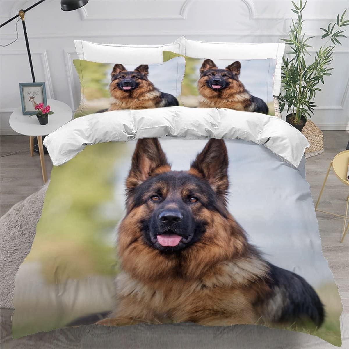 MEVASA German Shepherd Bedding Double Bed Set Microfiber Teenager Bedding Animals Dogs 3D Bedding Set for Small Double 3Pcs Anti Allergic Double Duvet Cover Set with Zipper /200x200