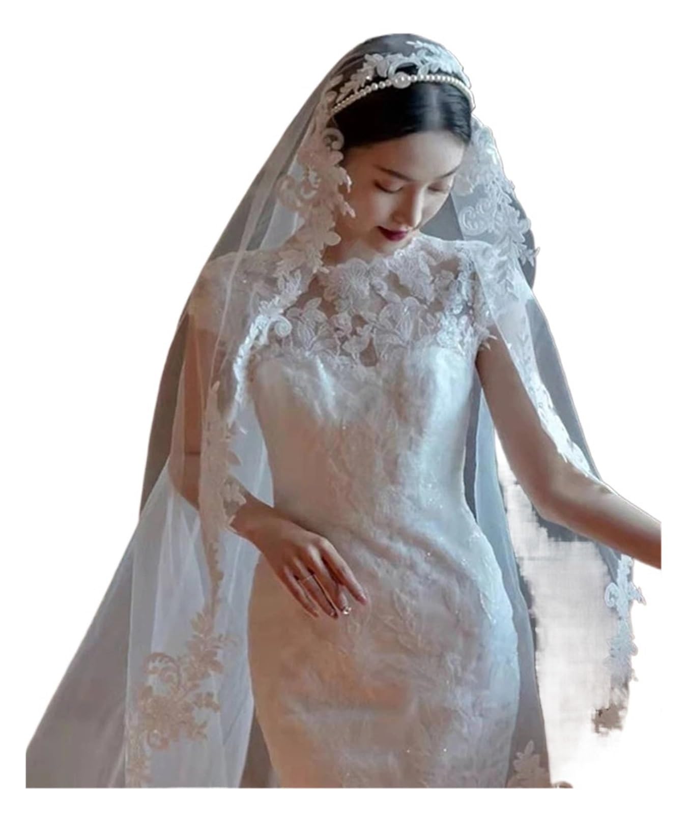 Veli da futura sposa, Velo da sposa cattedrale lungo morbido tulle con pettine in pizzo smerlato 1 strato bianco 300-500 cm