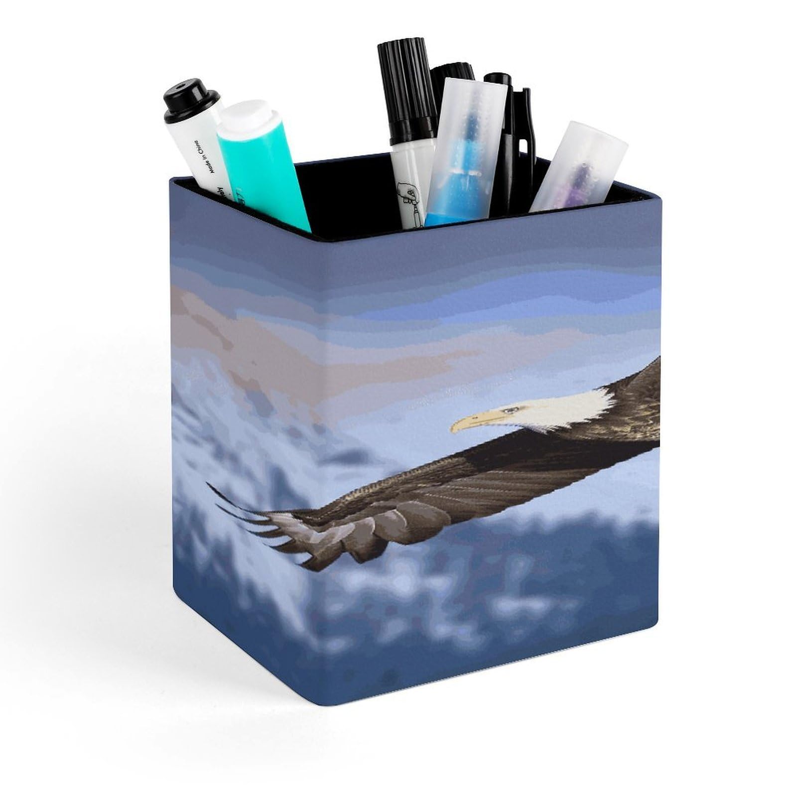 MUSM Bald Eagle Flying Pen Holder Square PU Leather Desktop Organizer And Makeup Brush Holder Storage Box Modern Design Stationery Organizer for Office Desk Accessory
