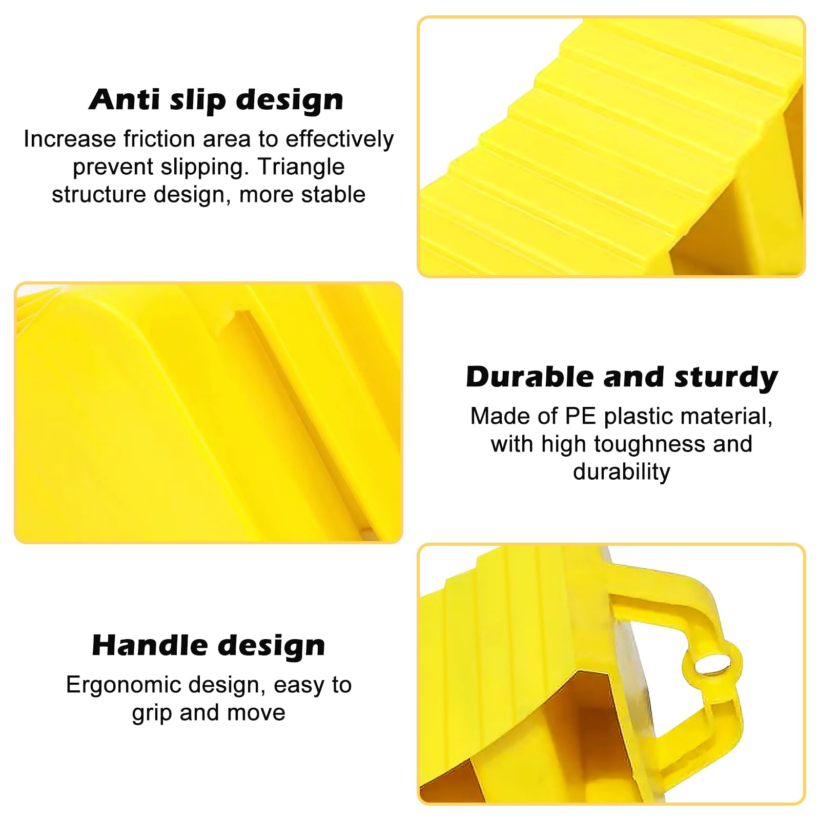 Lot de 4 cales de roue avec poignées, en plastique jaune avec 10 autocollants réfléchissants, cales de roue antidérapantes, en plastique jaune, pour voiture, caravane, camping-car, moto