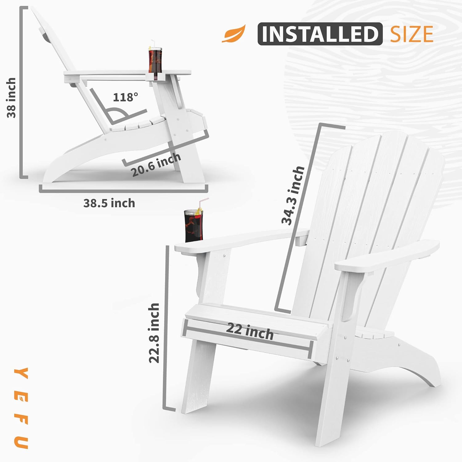 Oversized Plastic Adirondack Chair Set of 2 with Cup-Holder (Large Dual-Purpose), Weather Resistant, Poly Lumber Outdoor Chairs Duty Rating Widely Used in Patio, Lawn, Outside, Garden Chair-White