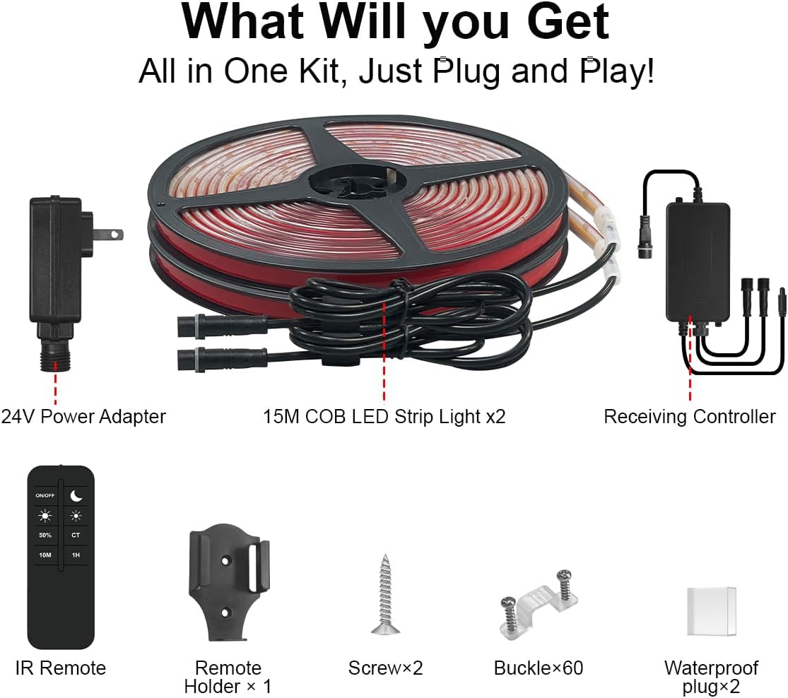 100FT COB LED Strip Lights IP67 Waterproof, 30M, Flexible 24V, Remote & App Control, Dimmable,3000K Warm White Outdoor&Indoor Led Tap Lighting for Patio & Christmas Home Decor (2 Rolls) - Image 9