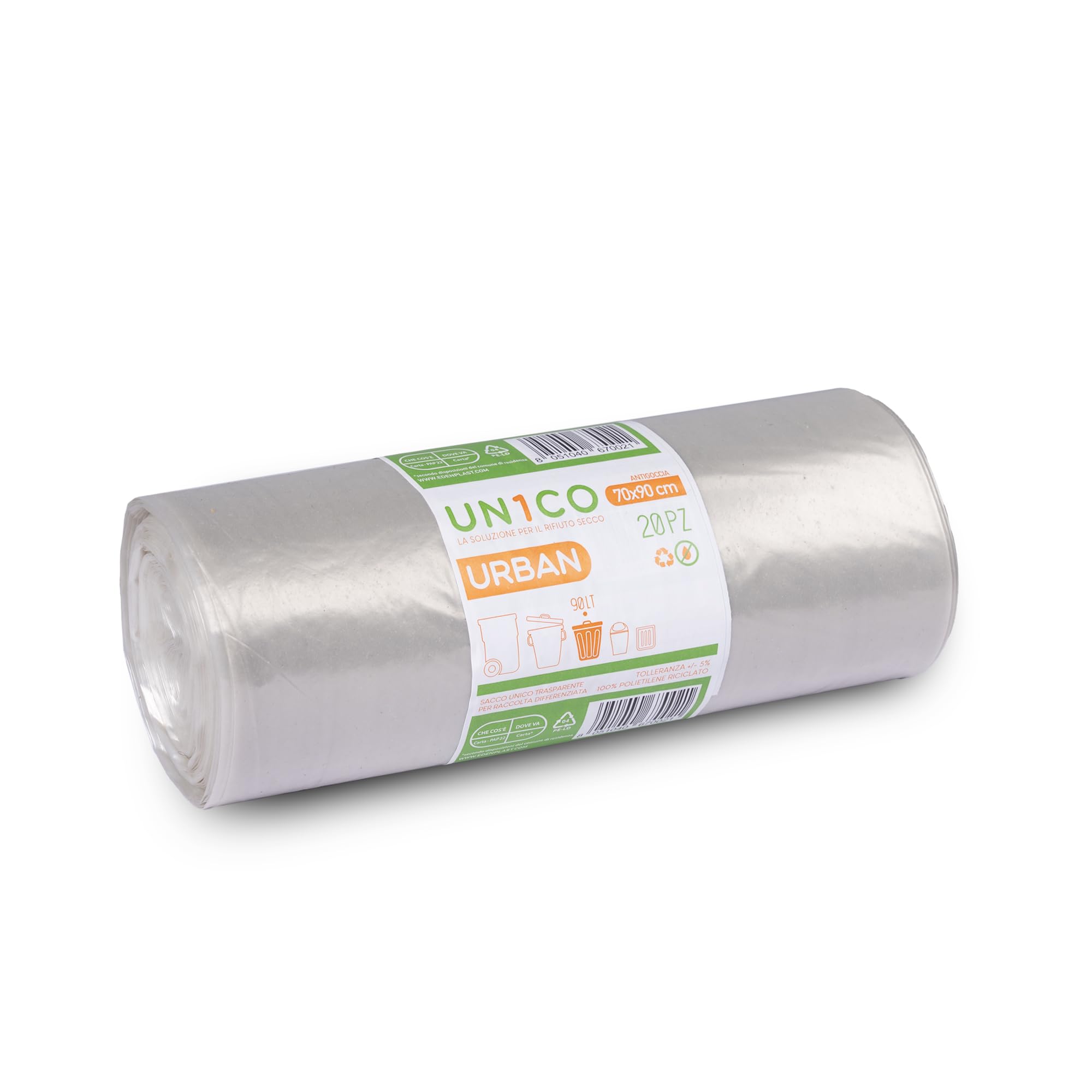 UN1CO URBAN Sacchi Spazzatura Trasparenti 90L - 70x90 cm - Sacchi Raccolta Differenziata Rifiuto Secco - Antigoccia - Polietilene Riciclato -14 Rotoli da 20 sacchi