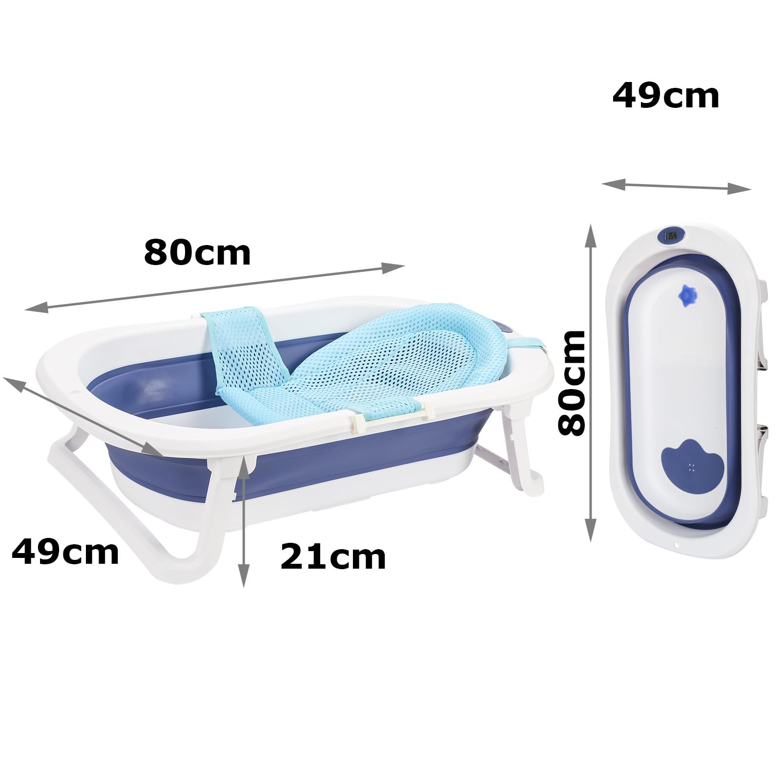Navicella pieghevole blu 50L con inserto da bagno, termometro per acqua, tappo che cambia colore, fondo antiscivolo, vasca da bagno pieghevole per neonati da 0 a 6 anni