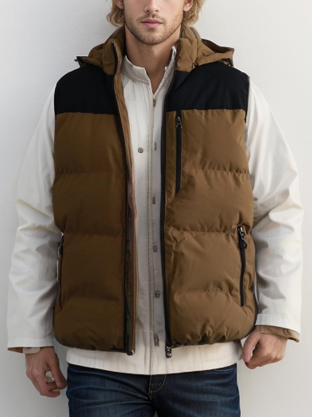 Ciepłe Kurtki Męska Kamizelka Puchowa Z Kapturem, Gruba Kurtka, Bez Rękawów, Na Co Dzień, Ciepła, Bawełniana Kamizelki Zimowe(Beige,Large)