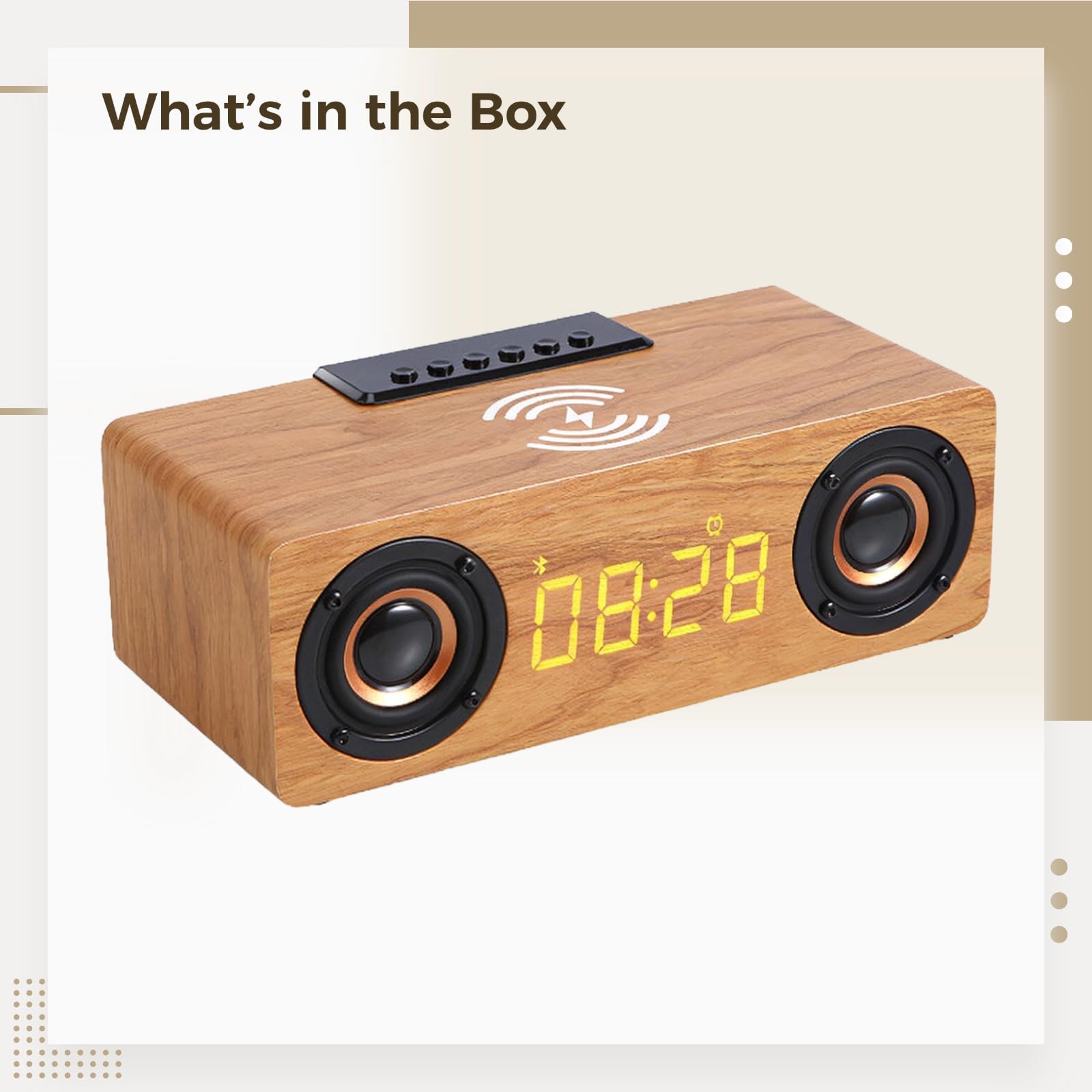 Elegante sveglia altoparlante in legno con ricarica wireless, 6 W, 9,3 x 4,3 x 3,1 pollici, design moderno per casa e ufficio
