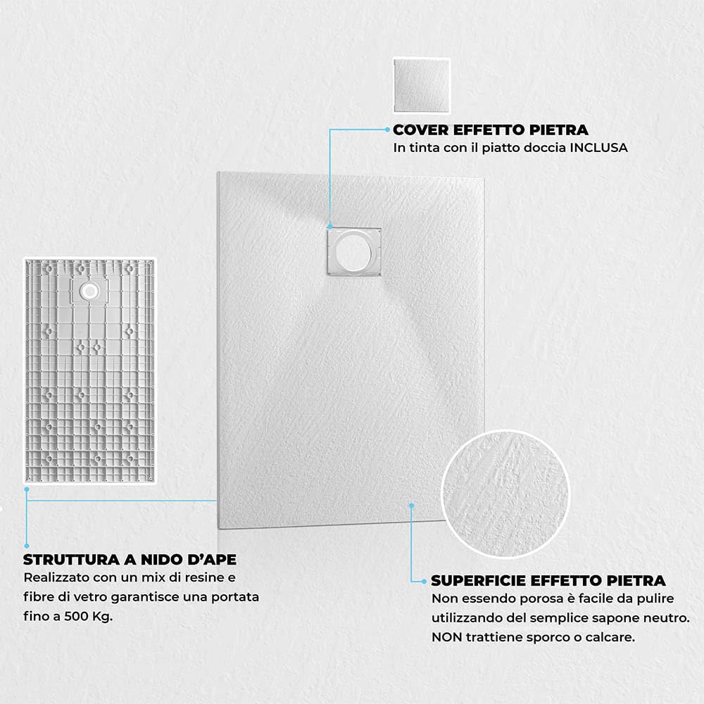 Piatto doccia 80x80 cm semicircolare bianco effetto pietra in resina, ultra slim con spessore 3 cm, riducibile su misura, AGORA’