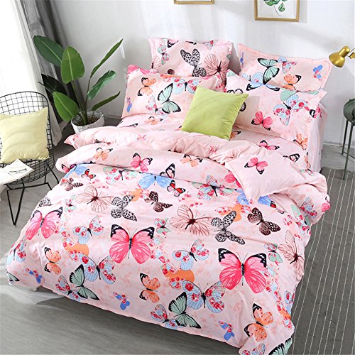 DOTBUY Parures de Lit 4 Pièces 2 Personnes, Microfibre Housses de Couettes avec 1 Drap de lit 2 Taies d'oreillers(140x200cm+160x230cm+50x75cm, Papillon Rose)