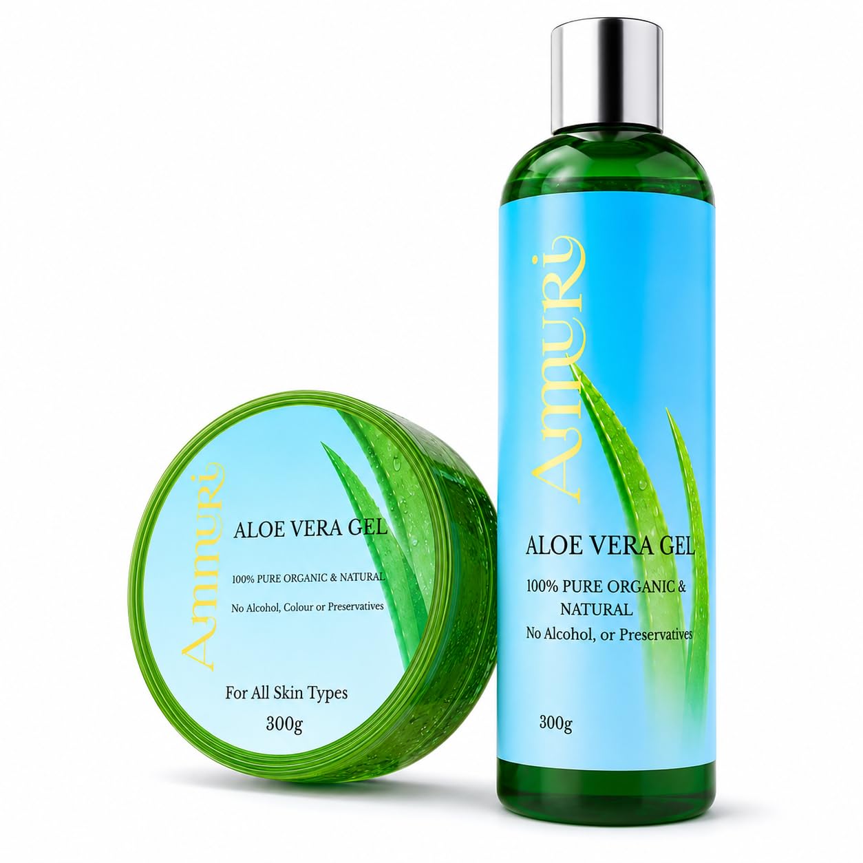 Ammuri Organiczny zestaw żelów aloesowych, 2 sztuki, butelka i słoik 300 ml, 100% czysty aloes, do pielęgnacji skóry i włosów, nieprzylepny i szybko wchłaniający się, wielofunkcyjne nawilżanie