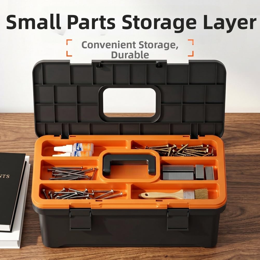 Contenedor de almacenamiento de plástico de doble capa con compartimentos modulares para organización de herramientas hecho de material PP y ABS de larga duración con cómoda asa de transporte (19)