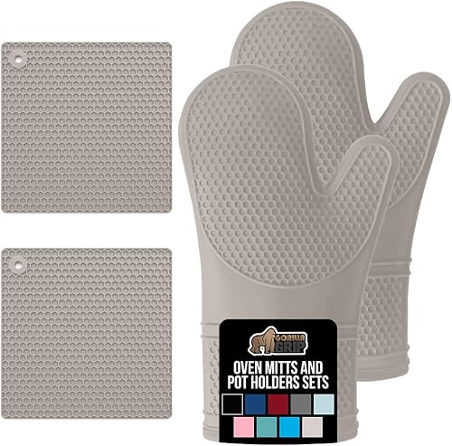 GORILLA GRIP Juego de 4 manoplas de horno de silicona suave sin BPA y soportes para ollas, resistentes al calor, forro de algodón grueso, agarre