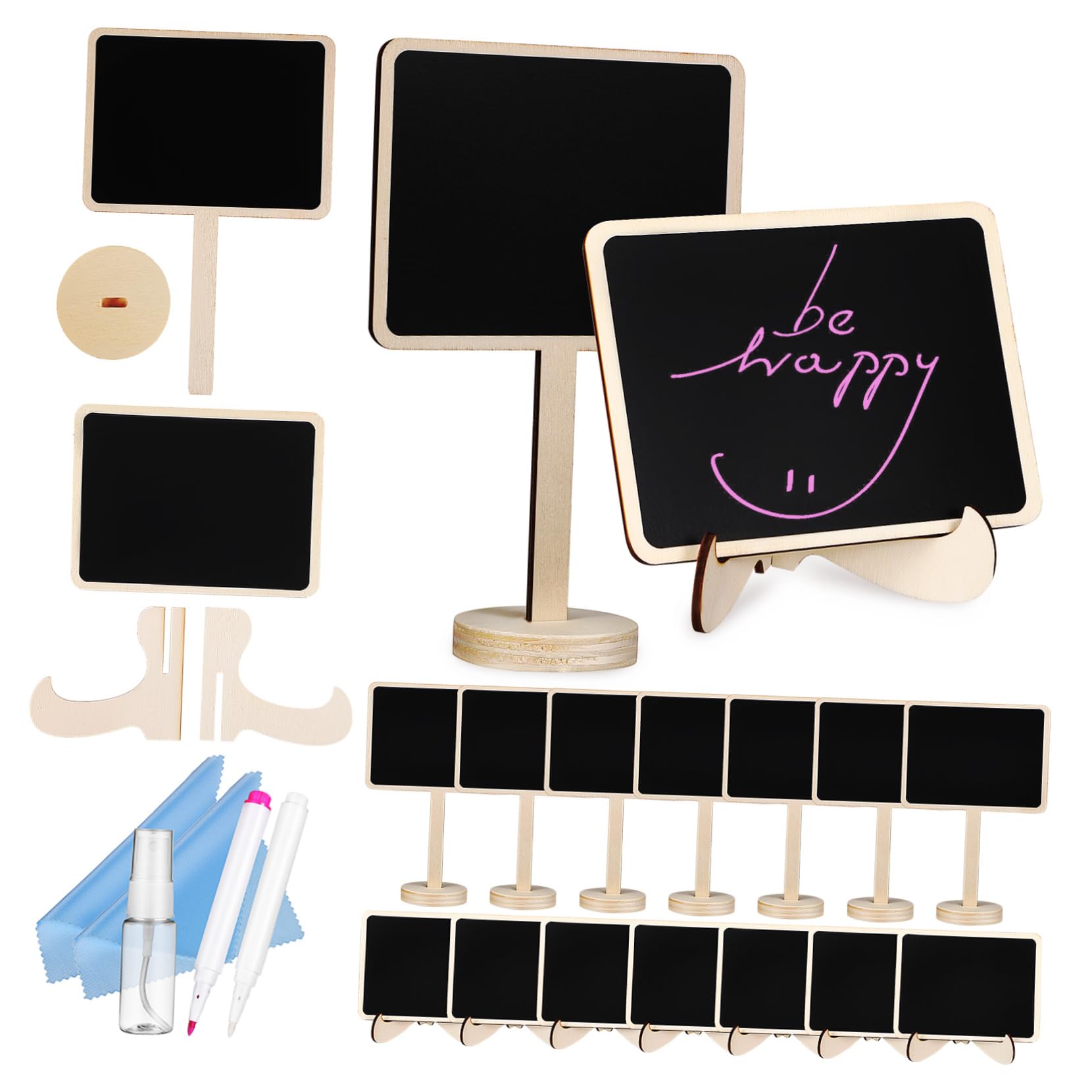 SEWACC Set de Mini Panneaux Ardoise Support en Bois et Plastique Noir, Effaçables et Stables, Incluant 10 Tableaux, 20 Autocollants, 2 Marqueurs, 2 Chiffons pour Couleur Aléatoire