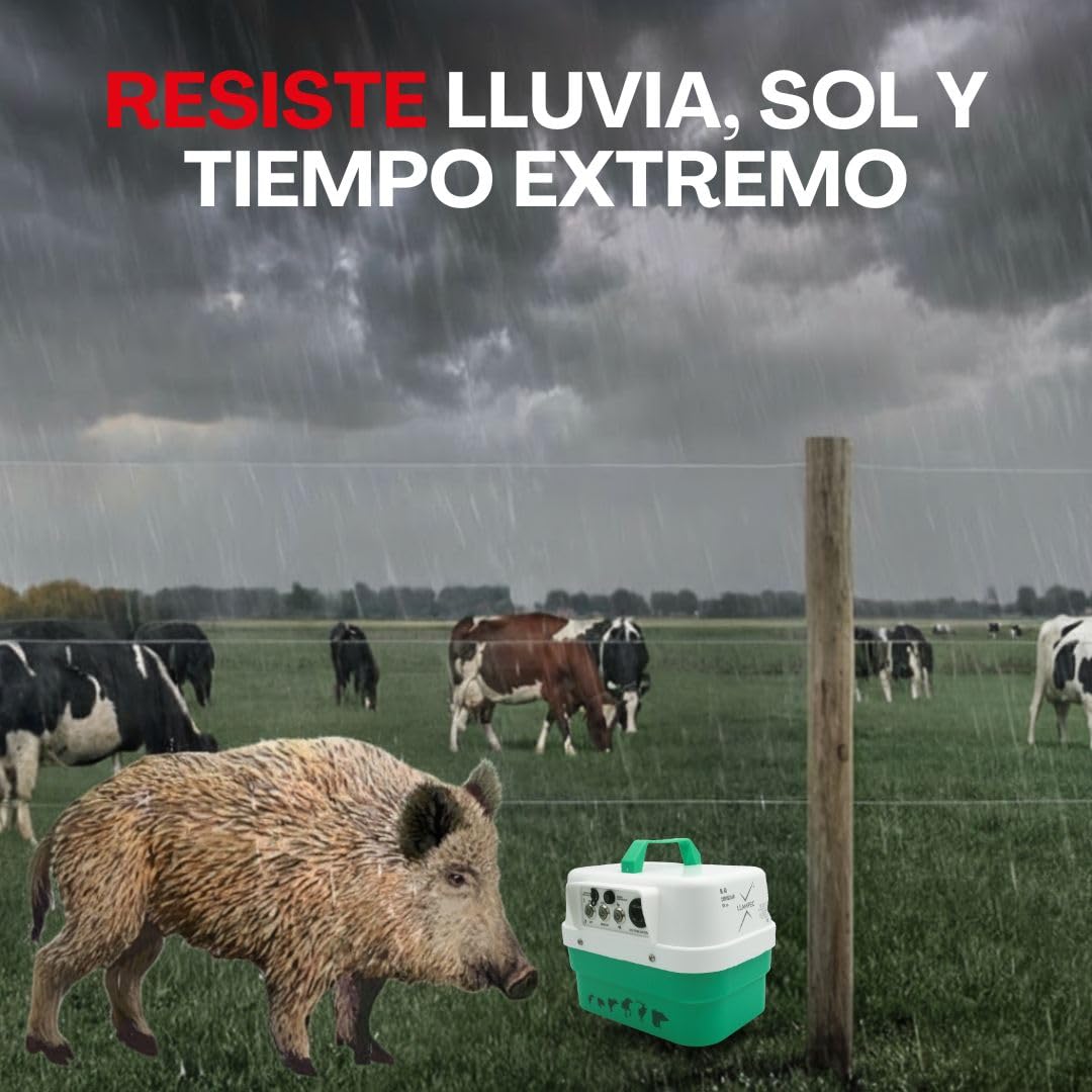Pastor Eléctrico Crepuscular Llampec Mod.40 – 4,5 J, 10.000 V y 45 km de alcance – Ideal contra jabalíes y para ganado equino, vacuno, porcino y ovino – Batería recargable 12 V incluida