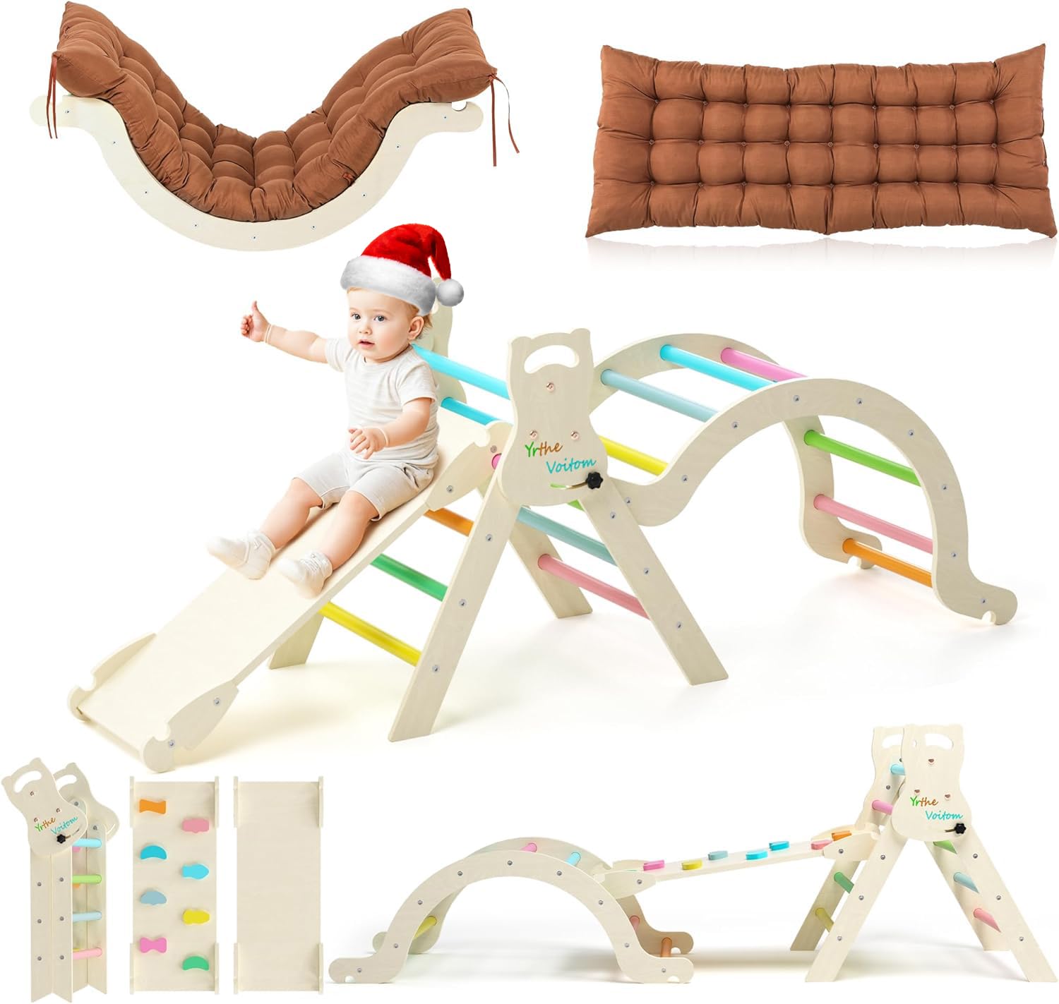 Climbing Frame Indoor Montessori, Upgrade Kids Wooden Climbing Frame for toddlers age for Toddlers Age 1 2 3 4 5+, with Slide Ramp Triangle Climber Arch Cushion, Toddler Kid Gym - Medium (Rainbow)