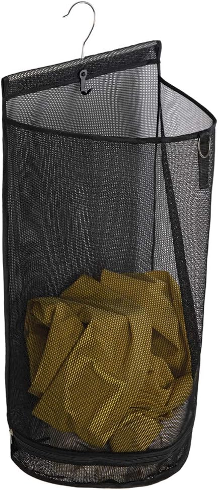 Hanging Semi Round Storage Mesh Bag,Collapsible Laundry Hamper Basket with Durable Hanger (Black)