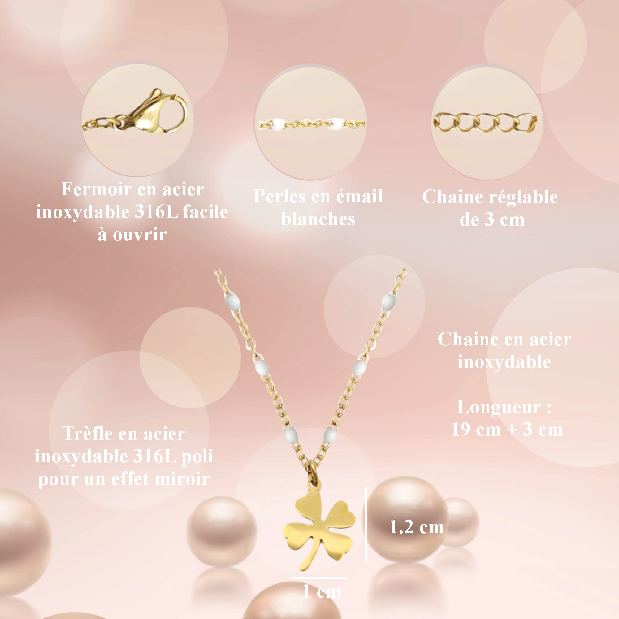 Bracelet Femme Trèfle Porte Bonheur Chaîne en Acier Inoxydable Doré Or Artisanal Fait Main Trèfle à 4 Feuilles Perles Idée Cadeau Anniversaire Noël Saint Valentin Fête Mères Hypoallergénique