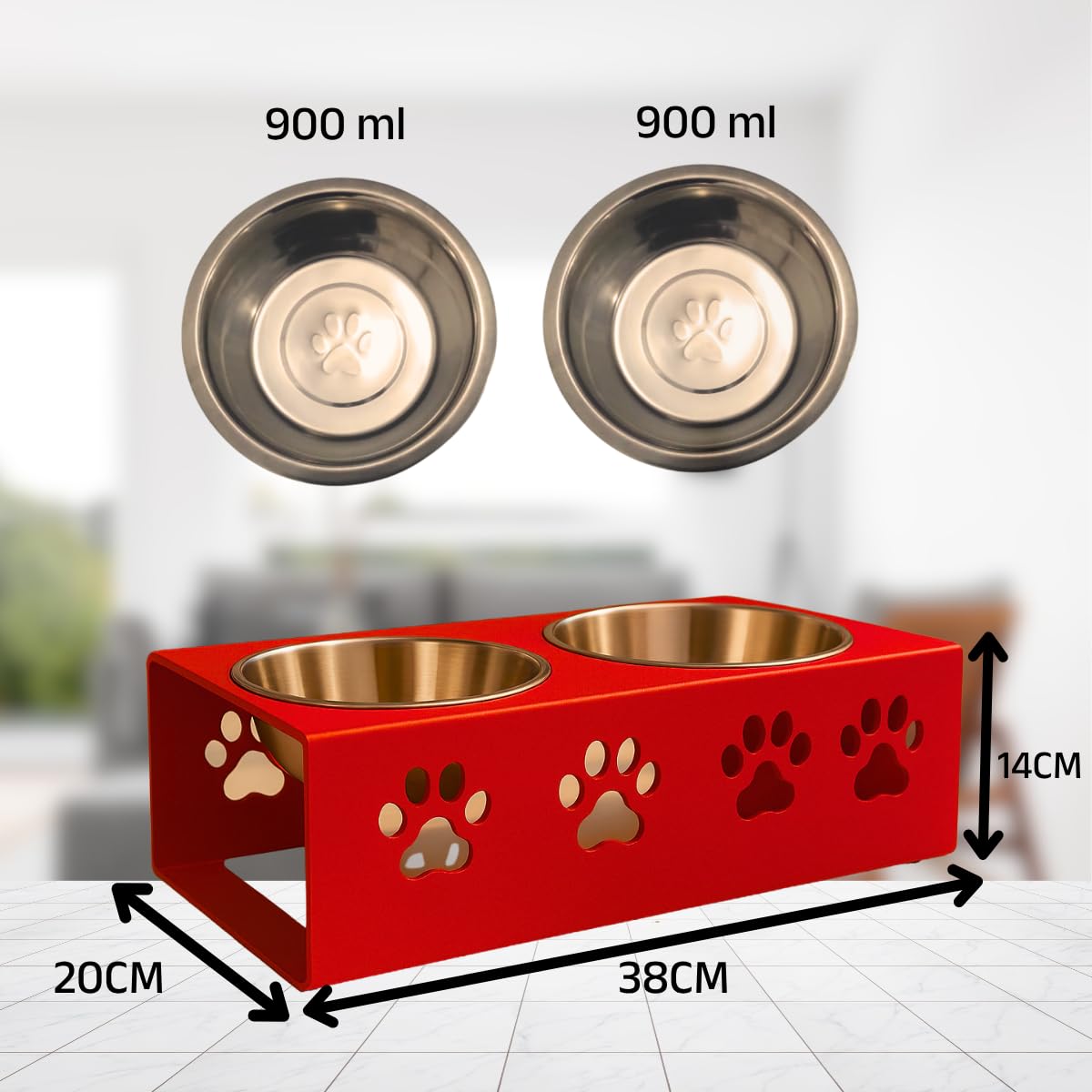 Metal Red Stylish Dog Bowl Stand | 2 Stainless Steel Bowls for Raised Dogs & Cats | Elevated Dog Food Removable Bowls | Pet Feeder & Water Dispenser for All Breeds Paw Design (Set of 2, Each 900ml) 1