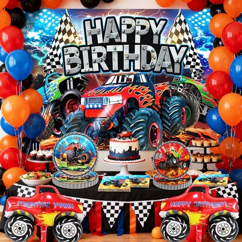 51 pièces décoration fête anniversaire monster truck accessoires toile fond assiettes serviettes ballons pour 10 invités