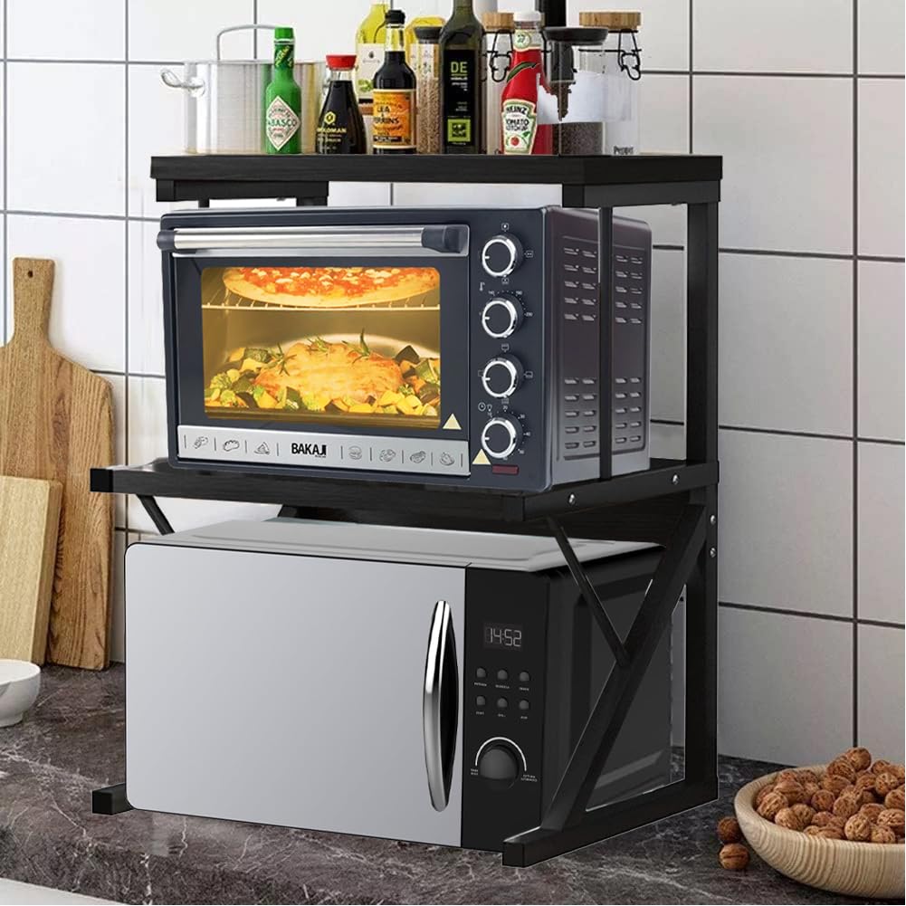 Shally Dogan Scaffalatura Salvaspazio Porta Microonde in Acciaio, Scaffale da Cucina con Ripiano Portaspezie, Unità di Mensole 2 Scomparti Piedini Antiscivolo, Mensola Design Moderno (Nero + Nero)
