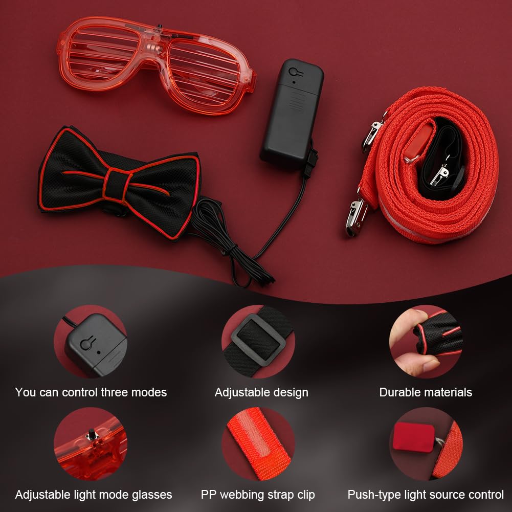 Alaoo LED Light Up Glasses Glow, 3Pcs Light Up Bow Ties 3 Flash Modes LED Glow, LED Braces Bowtie Perfect for Carnival Music - Image 3