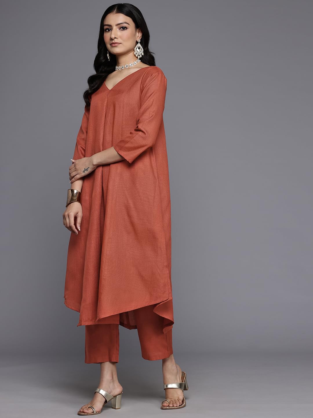 Varanga Women Orange Solid A-Line Kurta With Tonal Bottom  Comfortable And Stylish Ethnic Wear For Women