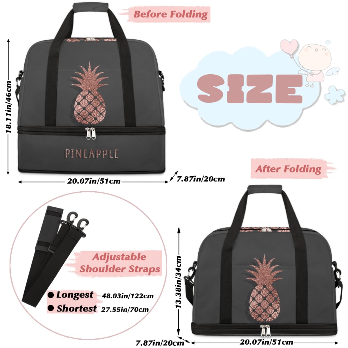 Bolsa de viaje plegable con diseño de piña, bolsa de fin de semana de 47 l con funda de carrito para el hombro, bolsa de mano separada para deportes, gimnasio, viajes, multicolor, 47L, Bolsa de viaje