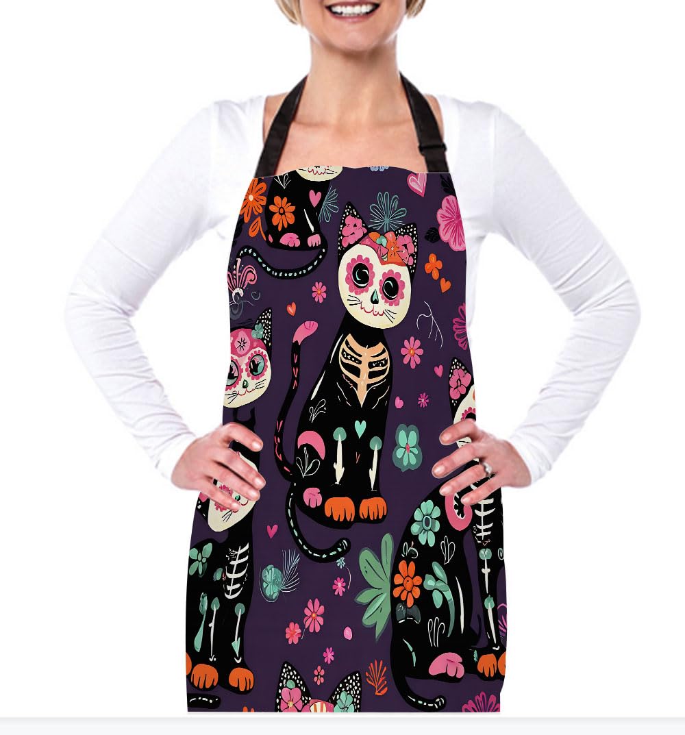 Delantal de cocina con dibujos animados de gatos, color verde, delantal de cocinero impermeable para mujeres y hombres, 31 x 27 pulgadas