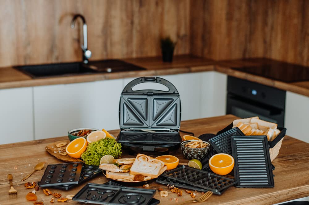 LEHMANN Plancha Sandwichera 5 en 1, 800W, con 5 Placas Antiadherentes y Extraíbles - Grill, Tostadora, Gofrera, Maquina para Hacer Nueces, Tostadora con Caritas Sonrientes