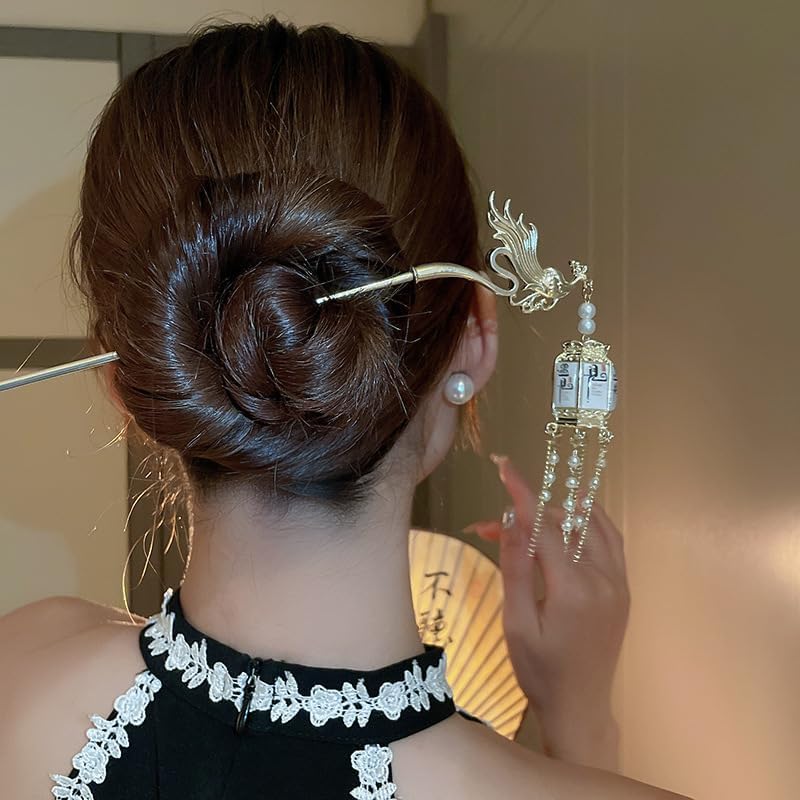 Image of 1pcs of Chinese Hair Sticks for Buns, Pearl Flower Vintage Metal Hair Chopsticks for Women and Girls Dangle Tassel Pendant Hair Accessories Hanfu Handmade Decor Hairpin (red chinese stick)