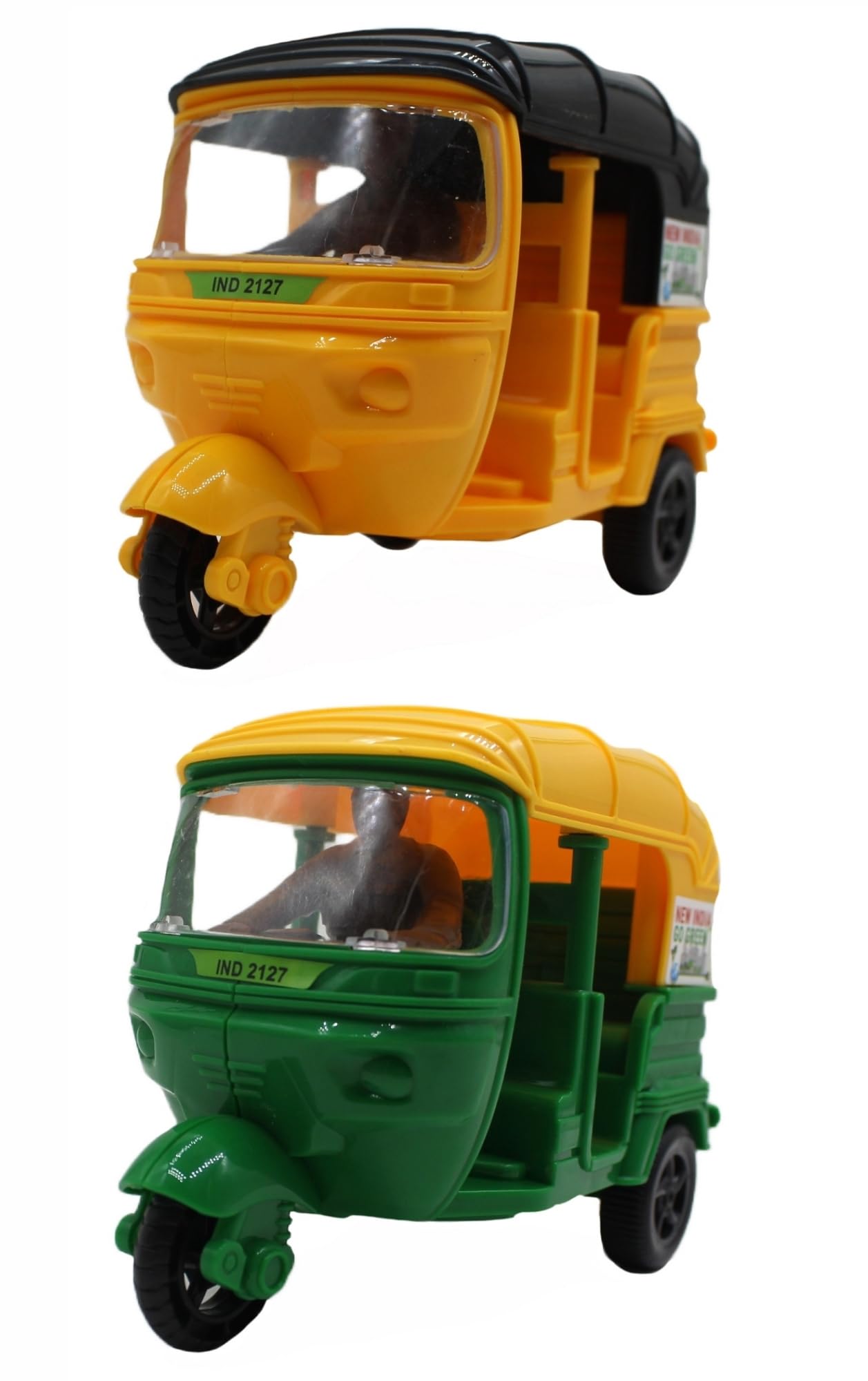 Neoinsta Medium Size Set of 2 Friction Powered Plastic Body CNG Auto Rickshaw | 3 Wheeler | Tricycle Vehicle Realistic Auto Toy with a Driver Sitting Inside for Kids (Yellow and Green) (B0CL4QYXC7) Amazon Price History, Amazon Price Tracker