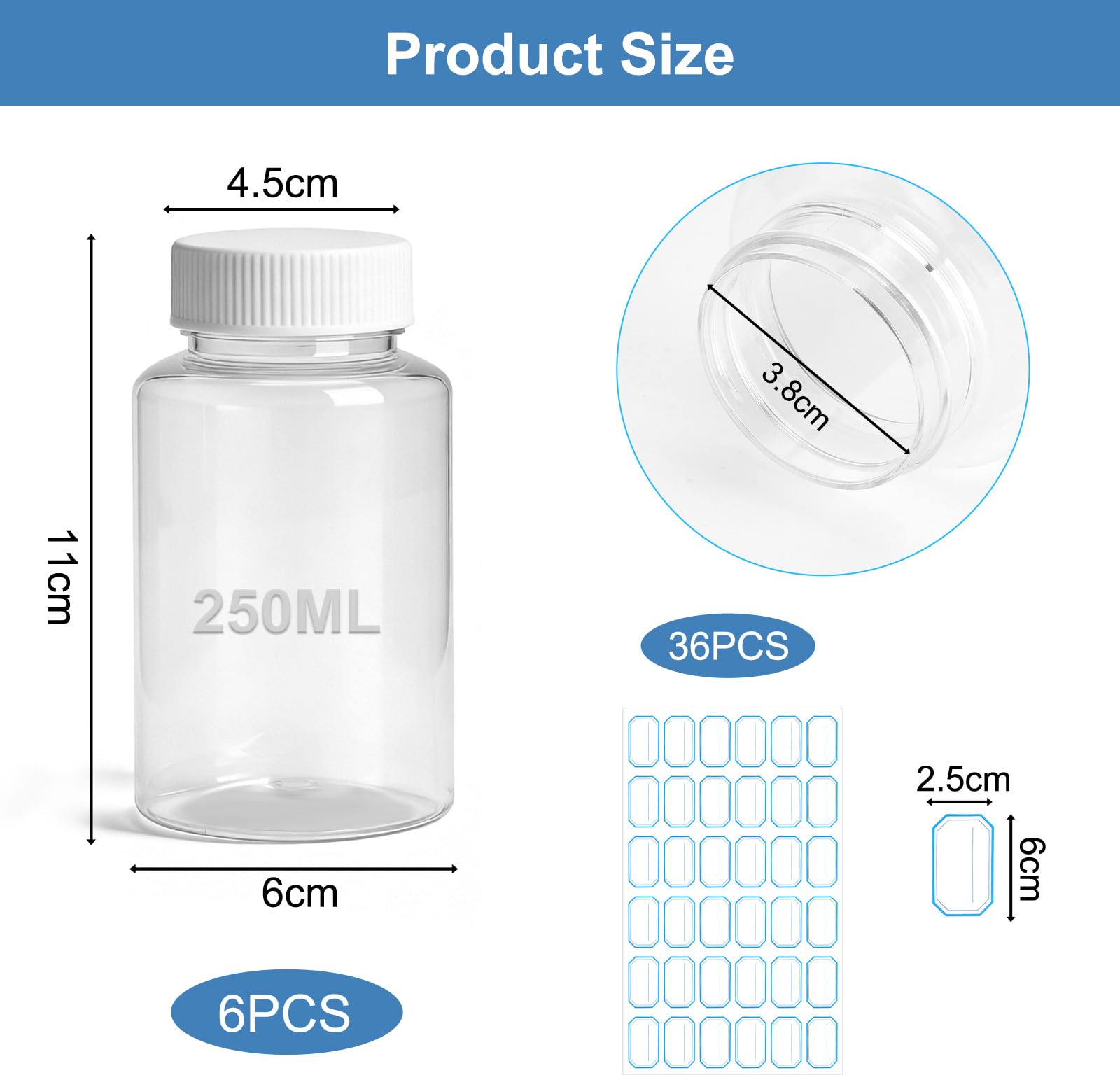 6 butelek z szeroką szyjką 250 ml, małe butelki do napełniania, 36 etykiet, plastikowe butelki do napełniania, małe plastikowe butelki z zakręcaną pokrywką, do próbek, kuchni, przechowywania "zrób to