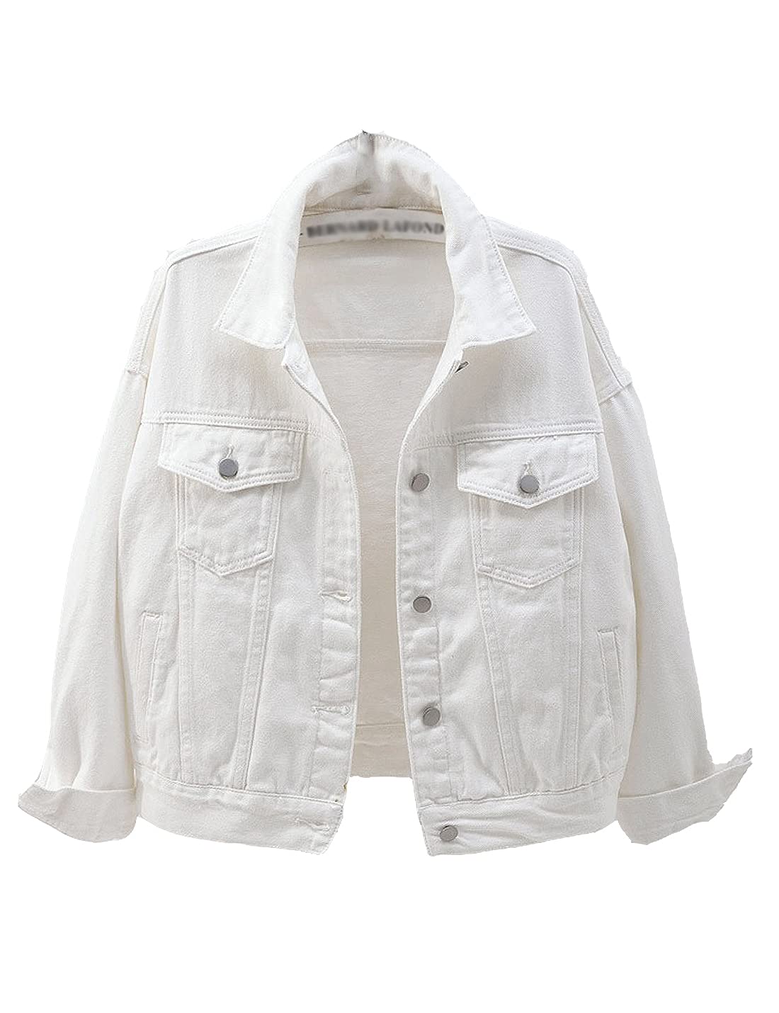 Photo 1 of COWOKA Women's Denim Cotton Button Closed Long Sleeve Solid Color Jacket with Pockets White XX-Large