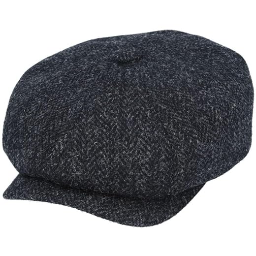 Novella Noori Harris Tweed Herringbone Flat Cap - Authentic Scottish Wool Newsboy Cap with Cotton Lining for Men and Women - Handwoven Vintage FlatCap with Grosgrain Sweatband for Comfort (Black, XXL)