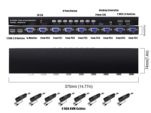 Miniatura 2 de Conmutador KVM VGA de 8 puertos - Interruptor KVM con control remoto, conmutador USB 8 computadoras comparten 1 monitor, 4 concentradores USB 2.0,