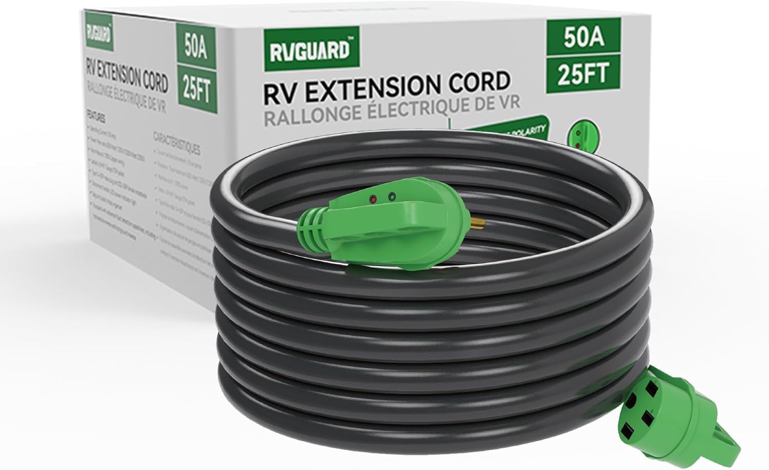 RVGUARD 50 Amp 25 Foot RV/EV Extension Cord with Reverse Polarity Indicator, NEMA 14-50P/R Heavy Duty Extension Cord with Cord Organizer, Green, ETL Listed